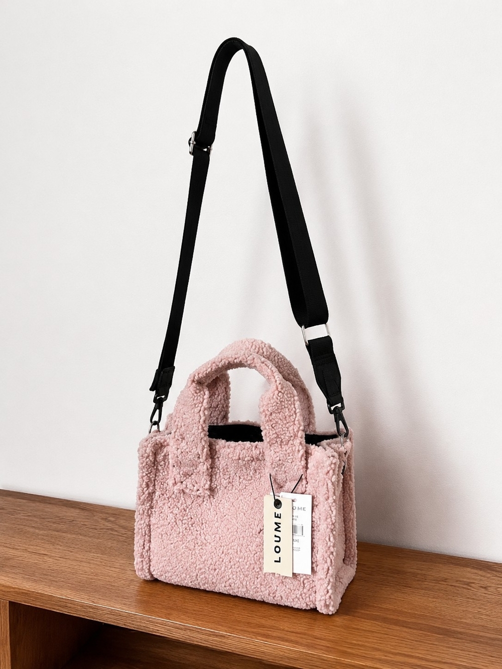 LOUME Pink Faux-Shearling Crossbody Tote with Detachable Black Strap